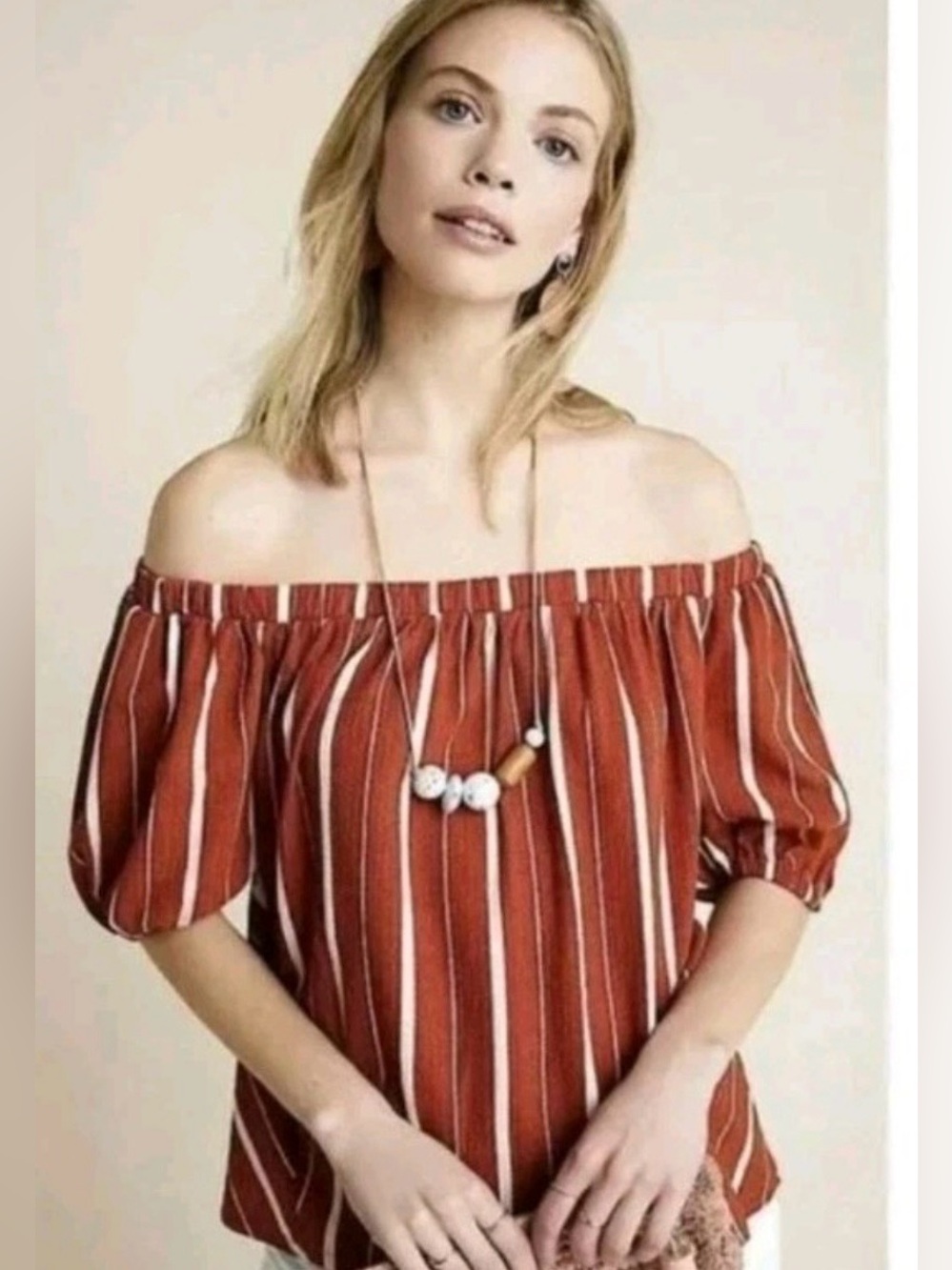 Anthropologie Elodie Off-The-Shoulder Striped Puff Sleeve Blouse Rust Size M